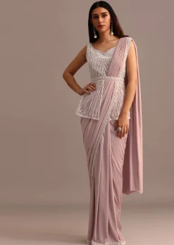 Dusky Pink Ready Pleated Saree With Embroidered Blouse