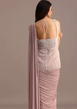 Dusky Pink Ready Pleated Saree With Embroidered Blouse