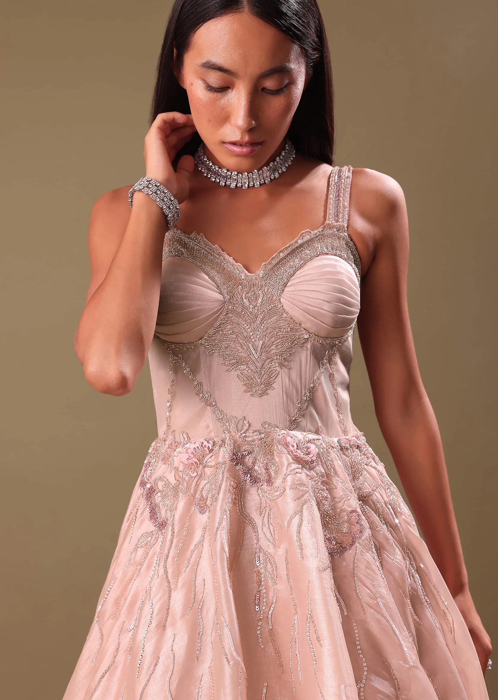 Dust Pink Hand Embroidered Organza Gown
