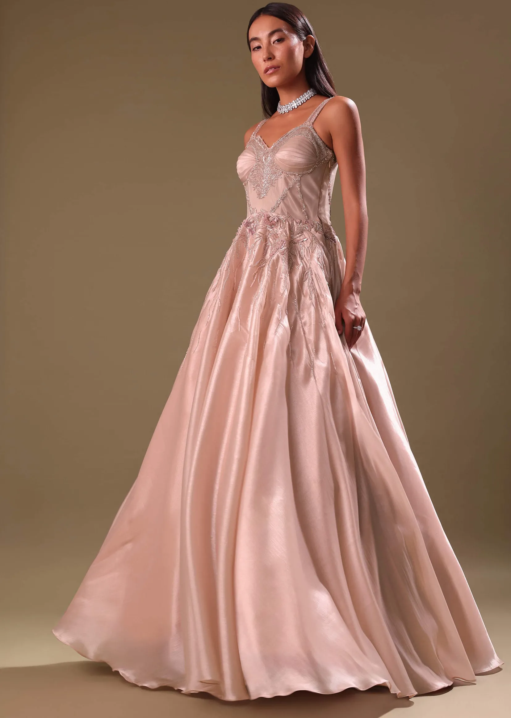 Dust Pink Hand Embroidered Organza Gown