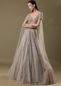 Dusty Beige Embroidered Gown With Cowl Sleeves And Wings