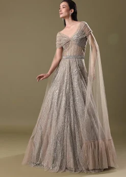 Dusty Beige Embroidered Gown With Cowl Sleeves And Wings