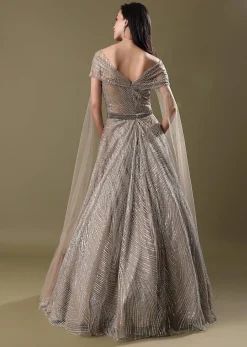 Dusty Beige Embroidered Gown With Cowl Sleeves And Wings