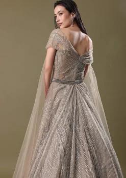 Dusty Beige Embroidered Gown With Cowl Sleeves And Wings