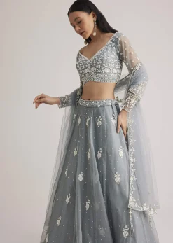 Dusty Blue Embroidered Lehenga Set With Sheer Dupatta