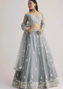 Dusty Blue Embroidered Lehenga Set With Sheer Dupatta