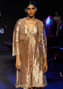 Dusty Brown Brocade Anarkali Style Kurti With Crop Jacket And Straight Flared Pant