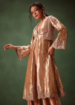 Dusty Brown Brocade Anarkali Style Kurti With Crop Jacket And Straight Flared Pant