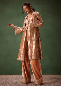 Dusty Brown Brocade Anarkali Style Kurti With Crop Jacket And Straight Flared Pant