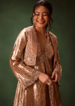 Dusty Brown Brocade Anarkali Style Kurti With Crop Jacket And Straight Flared Pant