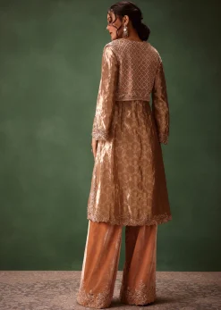 Dusty Brown Brocade Anarkali Style Kurti With Crop Jacket And Straight Flared Pant