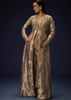 Dusty Brown Brocade Embroidered Long Jacket With Pencil Pant