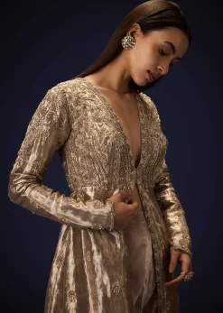 Dusty Brown Brocade Embroidered Long Jacket With Pencil Pant