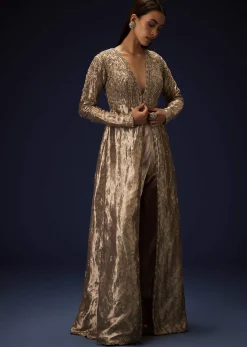 Dusty Brown Brocade Embroidered Long Jacket With Pencil Pant