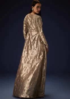Dusty Brown Brocade Embroidered Long Jacket With Pencil Pant