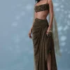 Dusty Brown Embroidered Indowestern Drape Skirt And Blouse In Lycra Sequins With Matching Choker