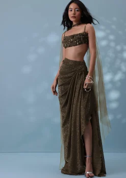 Dusty Brown Embroidered Indowestern Drape Skirt And Blouse In Lycra Sequins With Matching Choker