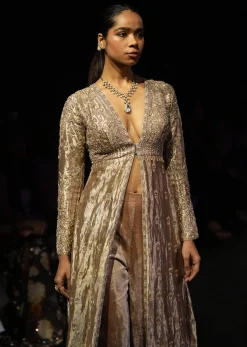 Dusty Brown Embroidered Long Jacket With Cigarette Pant
