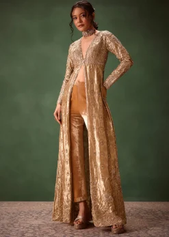 Dusty Brown Embroidered Long Jacket With Cigarette Pant