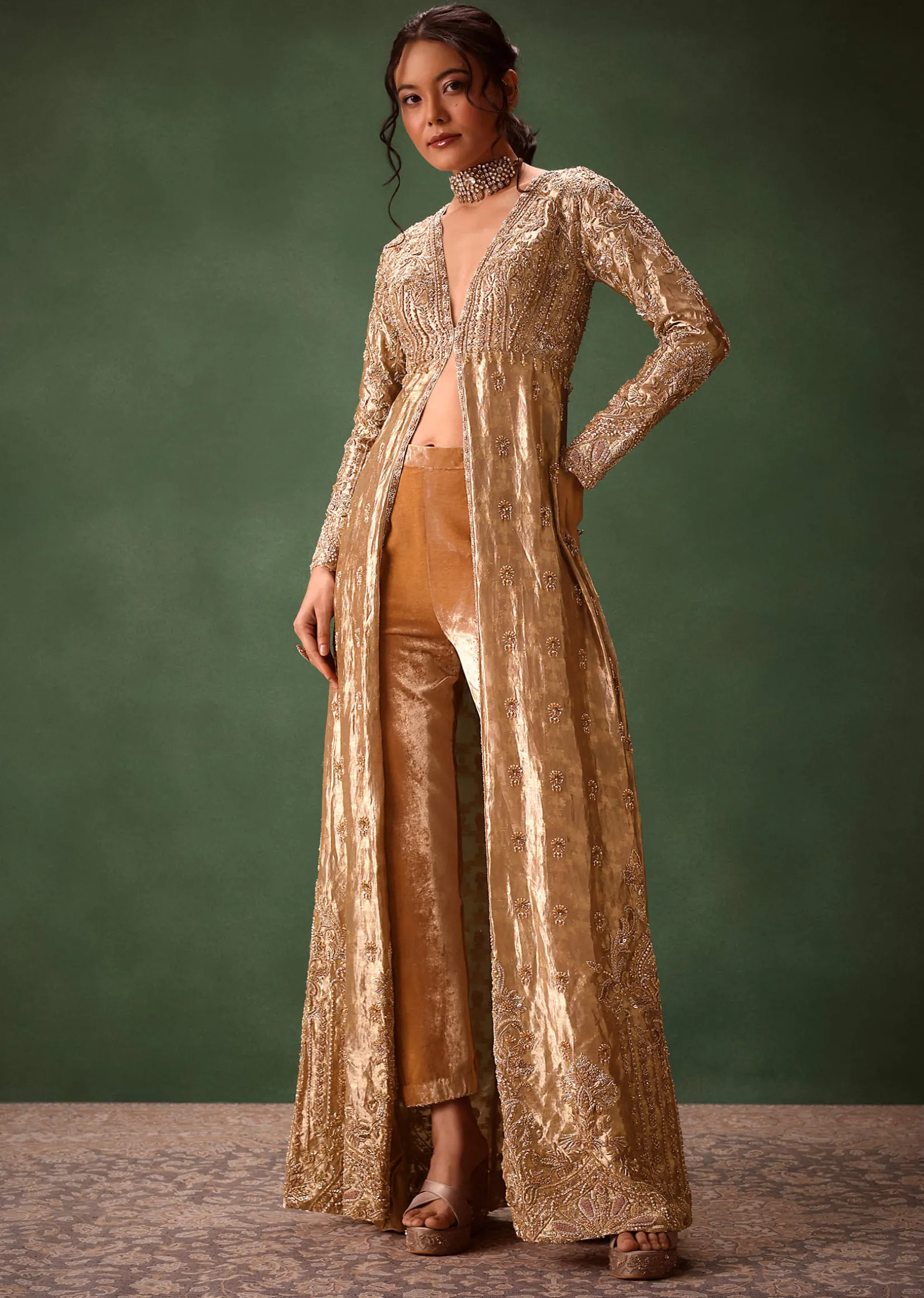 Dusty Brown Embroidered Long Jacket With Cigarette Pant