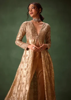Dusty Brown Embroidered Long Jacket With Cigarette Pant