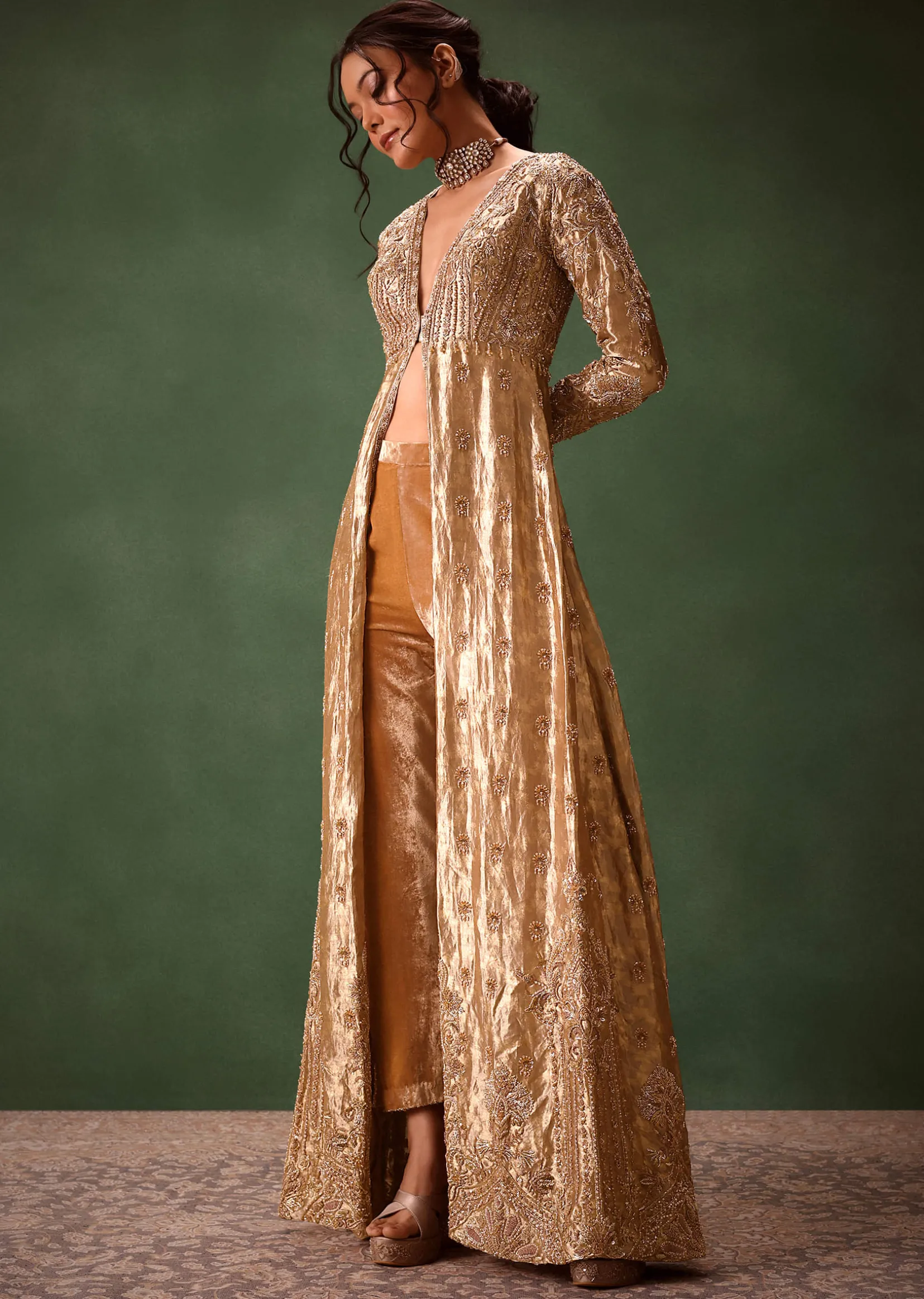 Dusty Brown Embroidered Long Jacket With Cigarette Pant