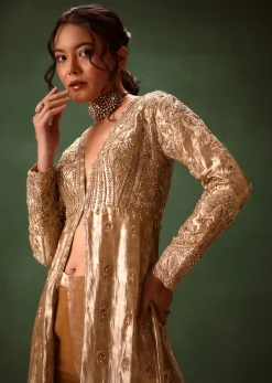 Dusty Brown Embroidered Long Jacket With Cigarette Pant