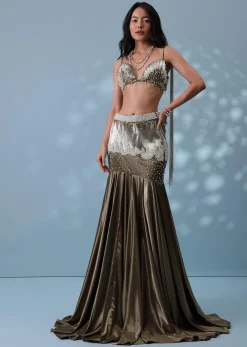 Dusty Brown Embroidered Trail Lehenga Set In Milano Satin With Tassel Blouse
