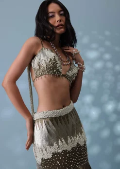 Dusty Brown Embroidered Trail Lehenga Set In Milano Satin With Tassel Blouse