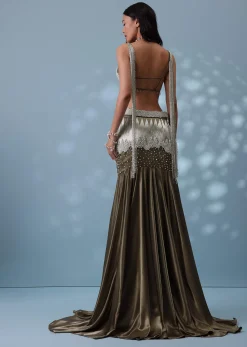 Dusty Brown Embroidered Trail Lehenga Set In Milano Satin With Tassel Blouse