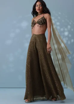 Dusty Brown Fancy Indowestern Palazzo And Bustier In Lycra Sequins With Choker