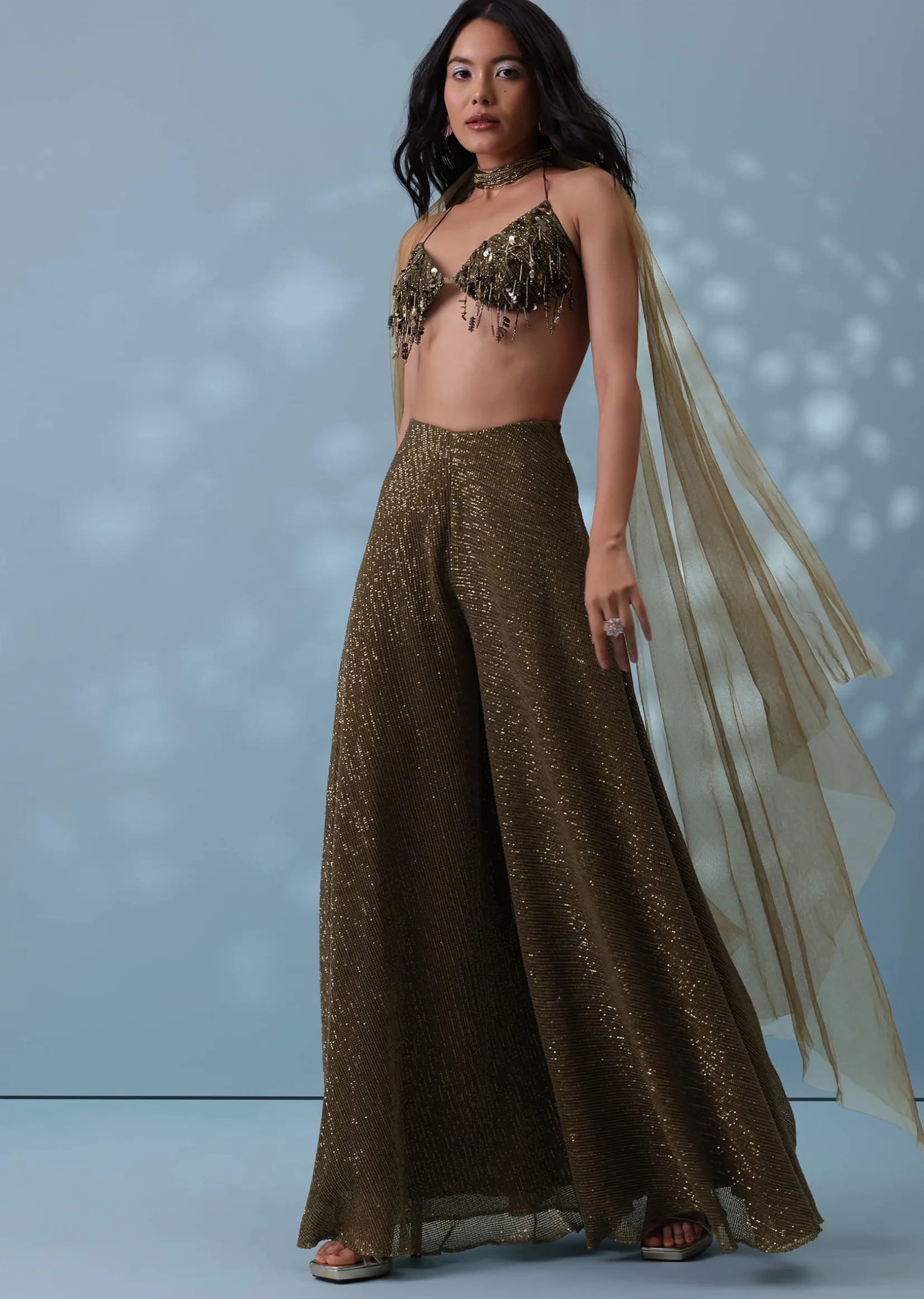 Dusty Brown Fancy Indowestern Palazzo And Bustier In Lycra Sequins With Choker