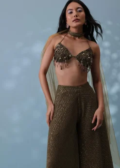 Dusty Brown Fancy Indowestern Palazzo And Bustier In Lycra Sequins With Choker