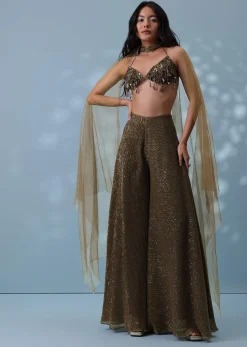 Dusty Brown Fancy Indowestern Palazzo And Bustier In Lycra Sequins With Choker