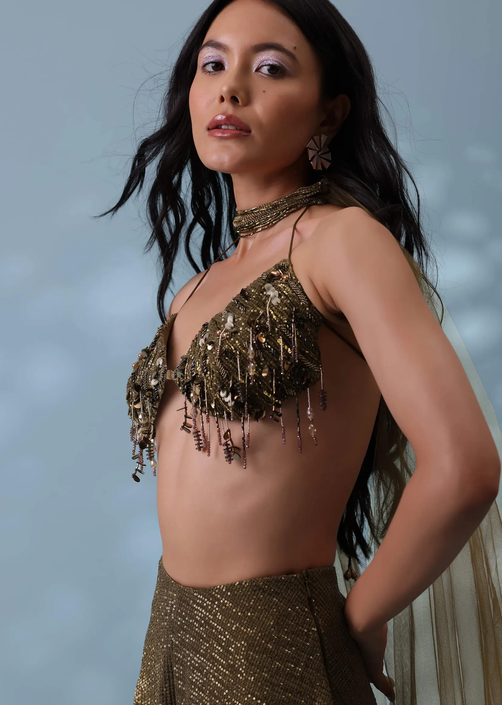 Dusty Brown Fancy Indowestern Palazzo And Bustier In Lycra Sequins With Choker