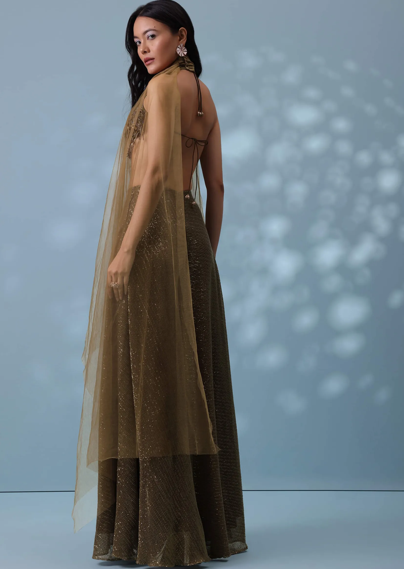 Dusty Brown Fancy Indowestern Palazzo And Bustier In Lycra Sequins With Choker