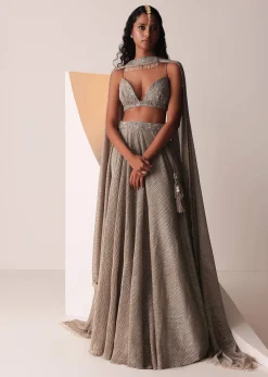Dusty Copper Gold Embroidered Lehenga Set In Knit Strechable & Sequins Fabric