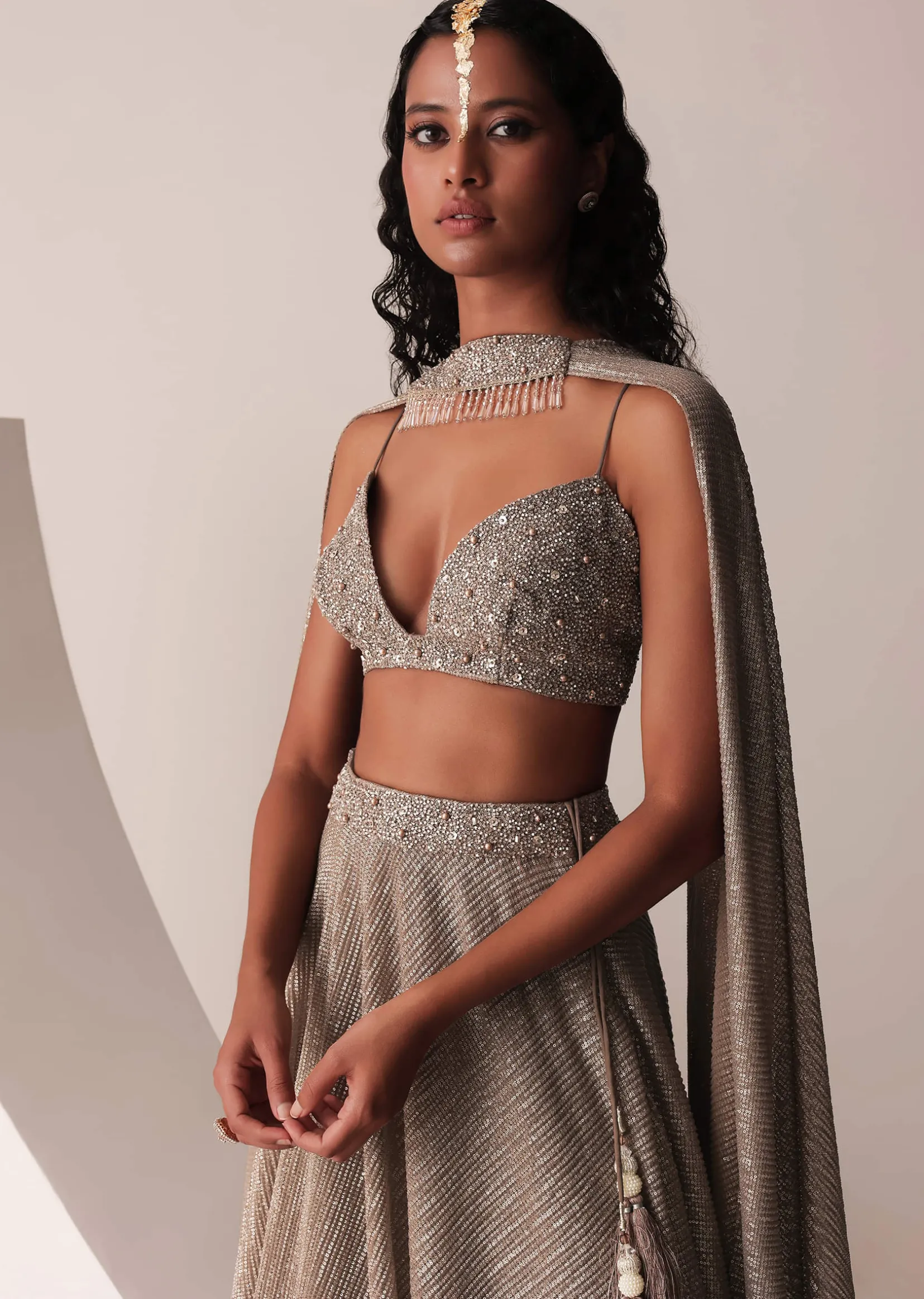 Dusty Copper Gold Embroidered Lehenga Set In Knit Strechable & Sequins Fabric