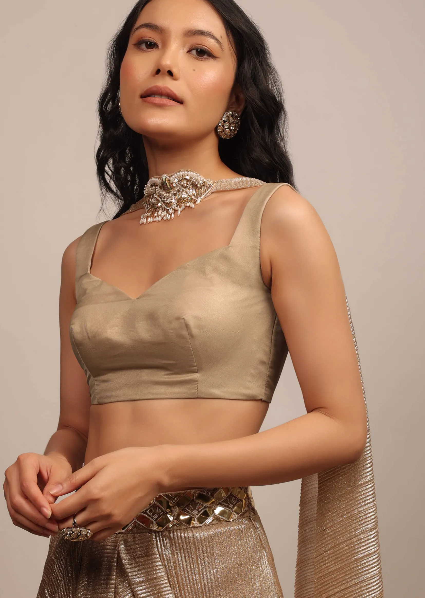 Dusty Gold Sleeveless Blouse In Jute Organza Fabric With A Sweetheart Neckline