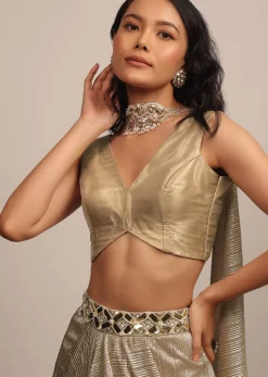 Dusty Gold Sleeveless Blouse In Jute Organza Fabric With A V-Neckline