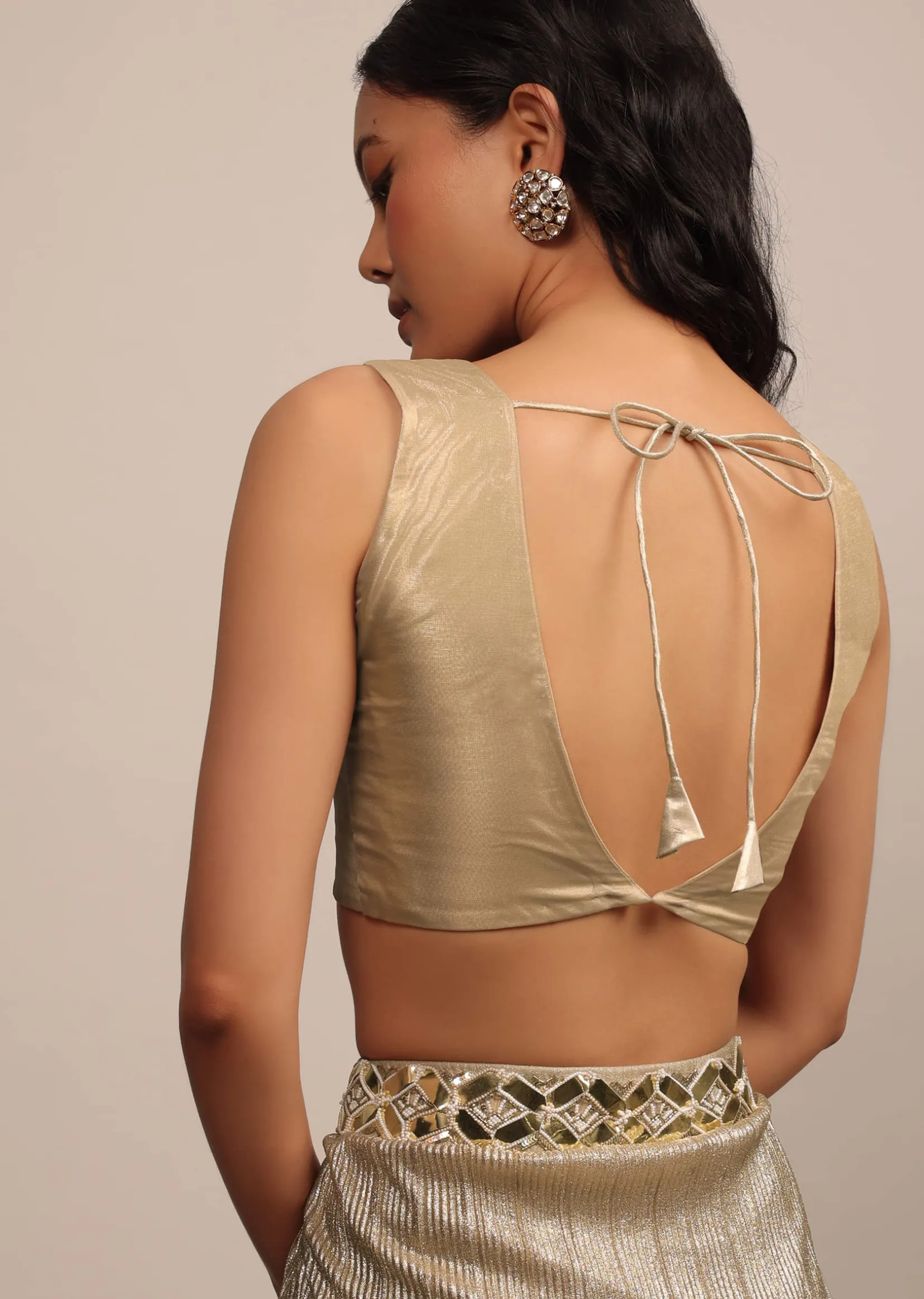 Dusty Gold Sleeveless Blouse In Jute Organza Fabric With A V-Neckline