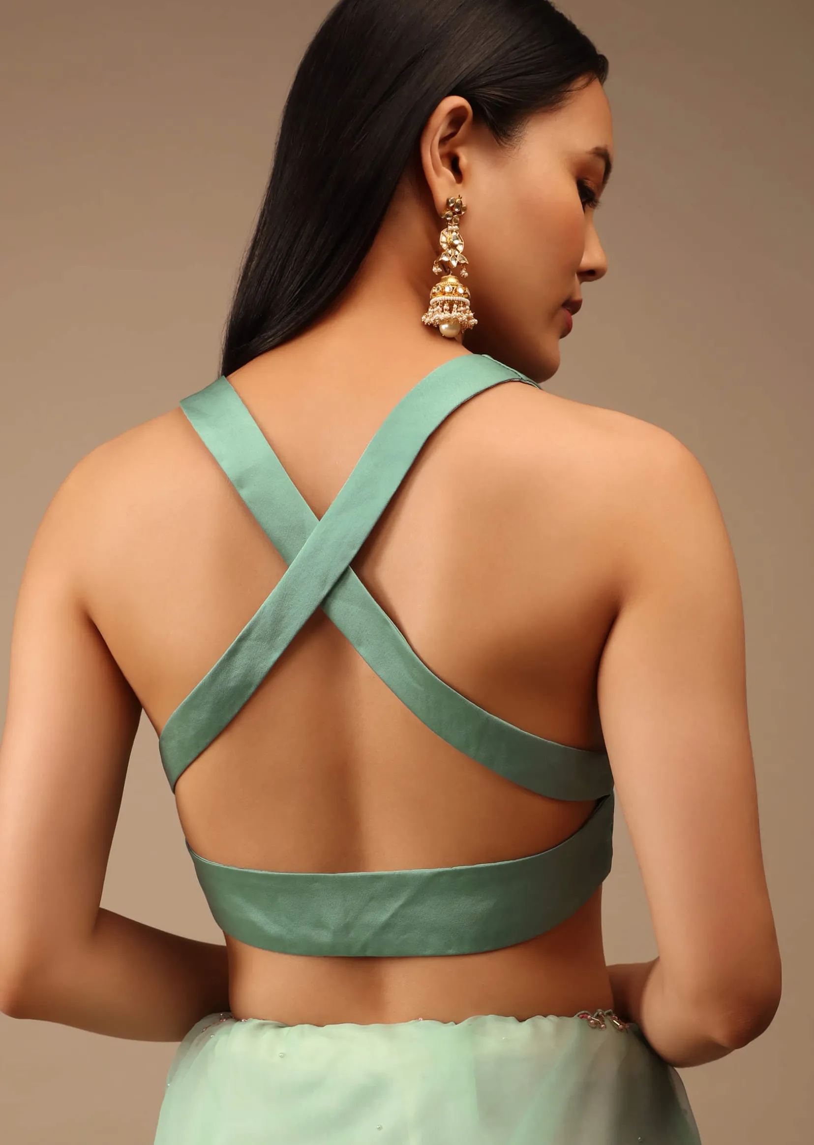 Dusty Jade Blouse In Satin With Plunging Geometric Neckline And Criss Cross Straps On The Back