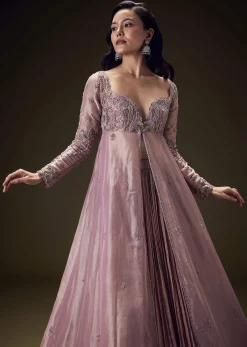 Dusty Lilac Embroidered Long Jacket With Ruched Lehenga
