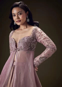 Dusty Lilac Embroidered Long Jacket With Ruched Lehenga
