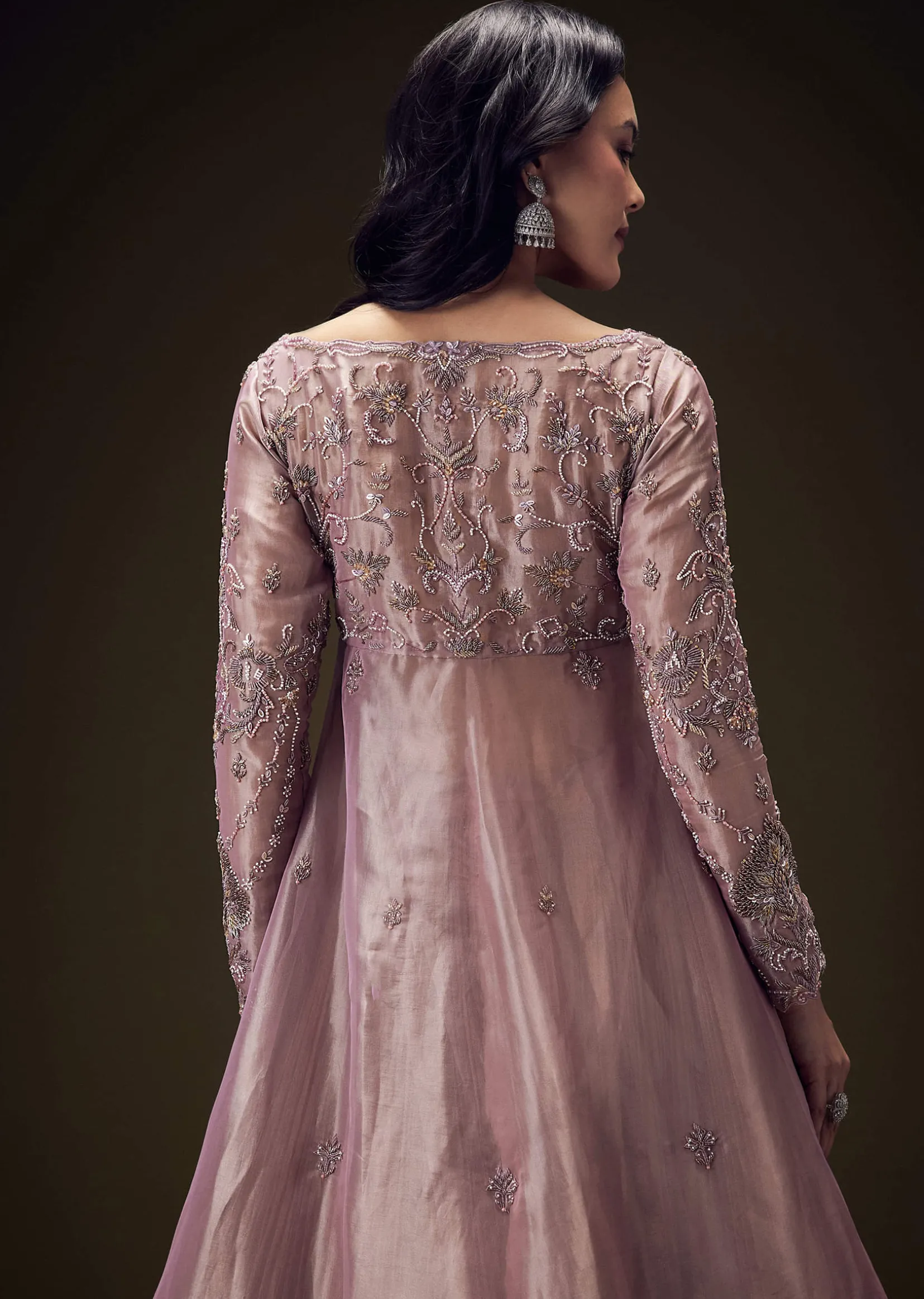 Dusty Lilac Embroidered Long Jacket With Ruched Lehenga