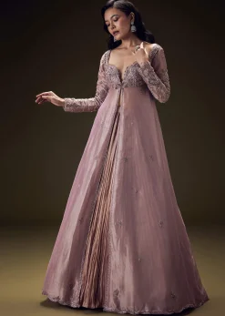 Dusty Lilac Embroidered Long Jacket With Ruched Lehenga