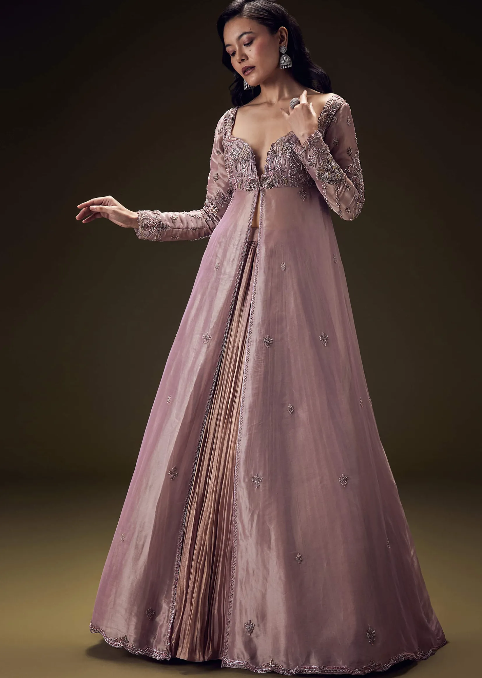 Dusty Lilac Embroidered Long Jacket With Ruched Lehenga