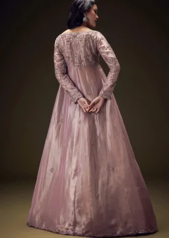 Dusty Lilac Embroidered Long Jacket With Ruched Lehenga