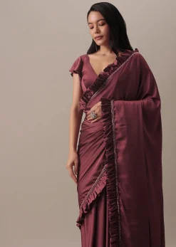 Dusty Maroon Satin Saree With Frilled Sleeved Blouses