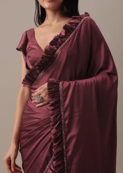 Dusty Maroon Satin Saree With Frilled Sleeved Blouses